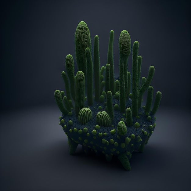 Silla 3d hecha de muchos cactus en un piso oscuro y plano creado con tecnología Generative AI