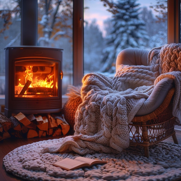 Foto una silla acogedora se sienta frente a una chimenea con una manta en ella