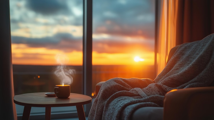 Foto silla acogedora y taza de vapor en una habitación iluminada por la puesta de sol con una atmósfera cálida