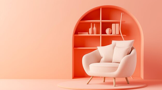 silla al lado de una elegante unidad de estantería ambos bañados en un color naranja claro melocotón