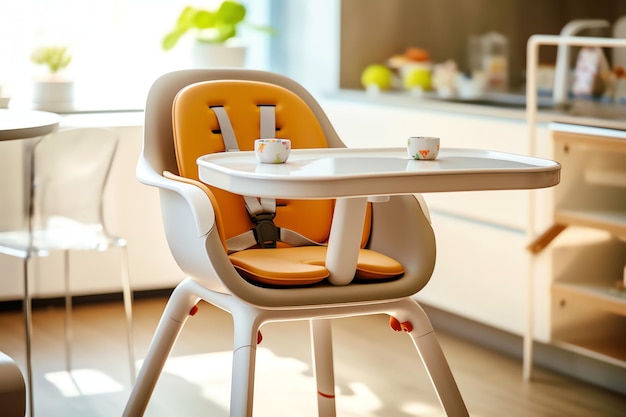 Silla de alimentación de bebé convencional en la mesa del comedor de casa o  en la cocina muebles de trona para niños