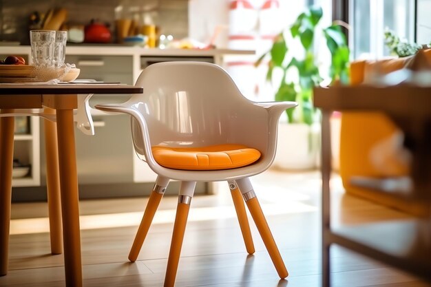 Foto silla de alimentación de bebé convencional en la mesa del comedor de casa o en la cocina muebles de trona para niños