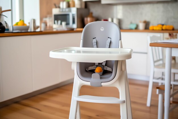 Foto silla de alimentación de bebé convencional en la mesa del comedor de casa o en la cocina muebles de trona para niños