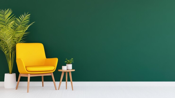 Silla amarilla brillante contra una pared verde profundo con un estilo minimalista con una planta y una mesa