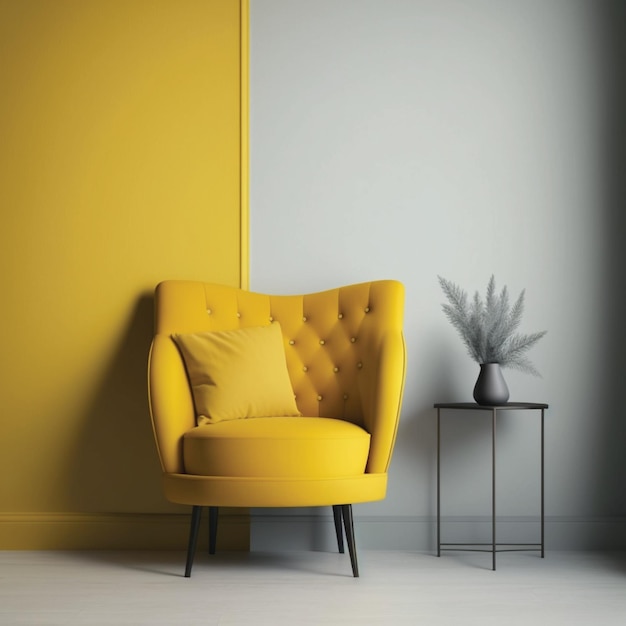 Una silla amarilla en una habitación con un jarrón en la mesa de al lado.