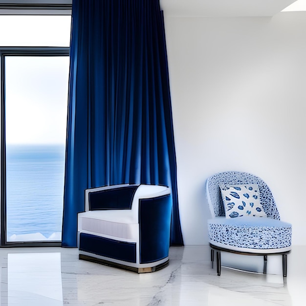 Una silla azul y blanca en una habitación con un gran ventanal que dice "el mar".