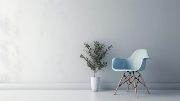 Una silla azul frente a una pared blanca con una planta.