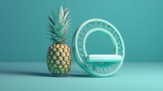 Una silla azul con una piña al lado.