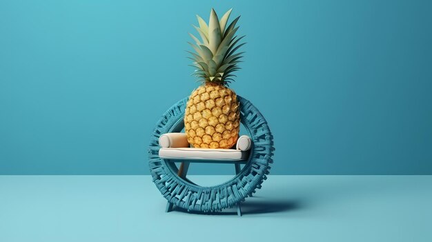 Una silla azul con una piña encima.