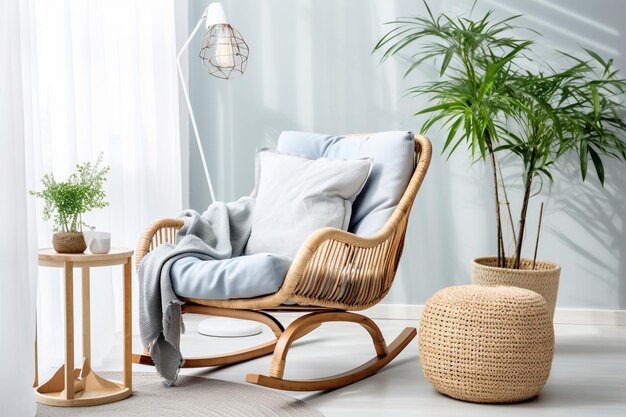 Foto una silla de balanceo de mimbre crea un rincón acogedor en una sala de estar costera en tonos azules suaves en el interior del hogar