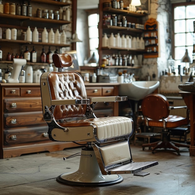 Foto silla de barbero antigua en una barbería tradicional