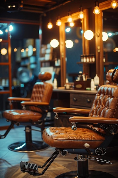 una silla de barbero en una habitación con luces encendidas