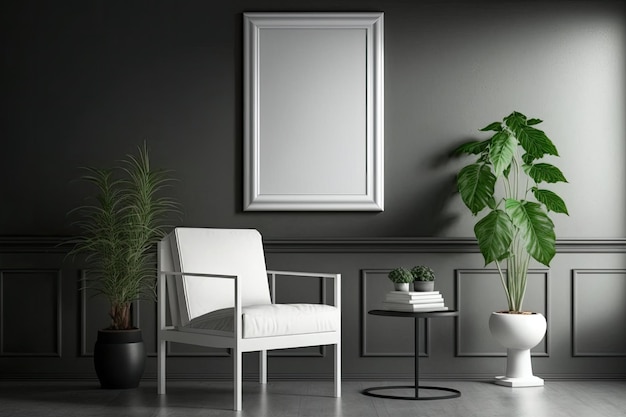 Una silla blanca con un cojín blanco se sienta en una habitación con una planta en la pared.