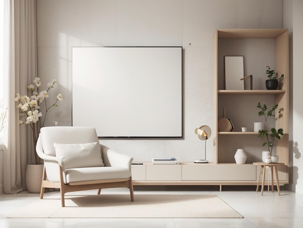 Foto una silla blanca con un cojín blanco se sienta en una habitación con una silla blanca y una gran pintura blanca