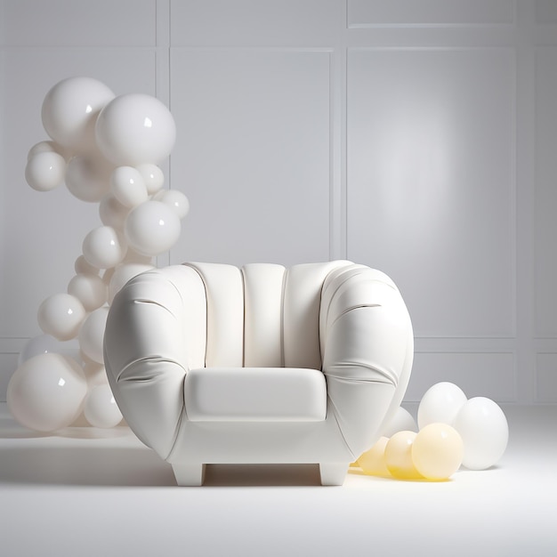 una silla blanca con globos y una amarilla que dice la palabra cita en ella