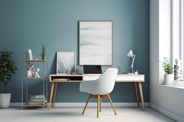 Una silla blanca en una habitación con una pared azul y un cuadro en la pared.