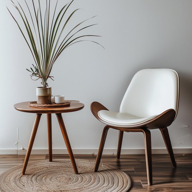 una silla blanca y una mesa con una planta en ella