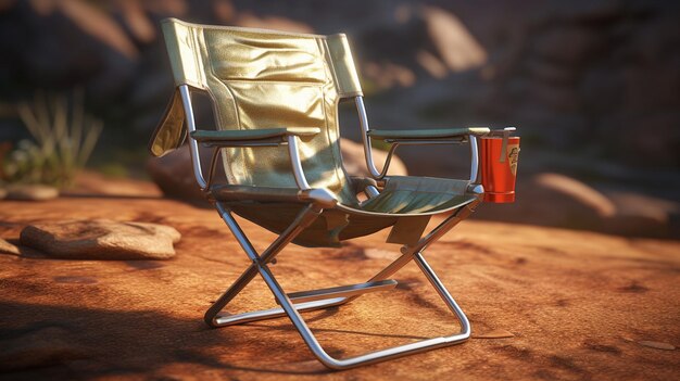 Una silla con una bolsa roja se sienta en el desierto.