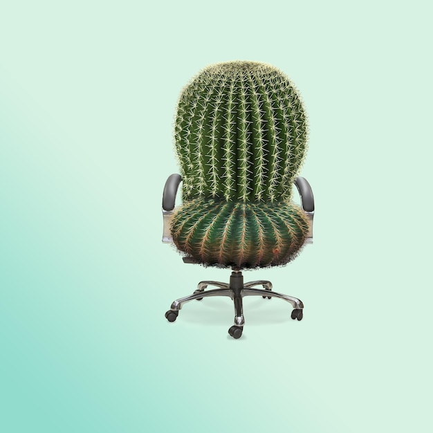 Silla de cactus sobre fondo azul brillante Silla incómoda Idea creativa mínima