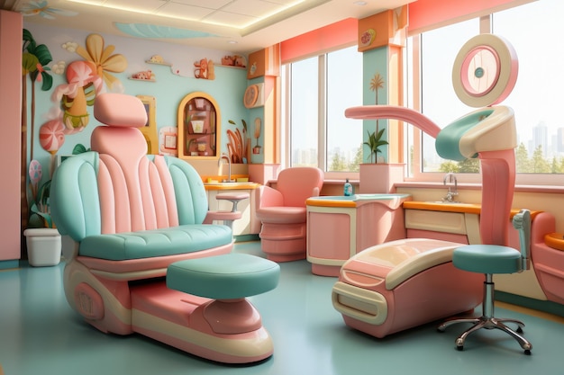 Silla de clínica dental en la clínica lindo interior para niños AI generativa