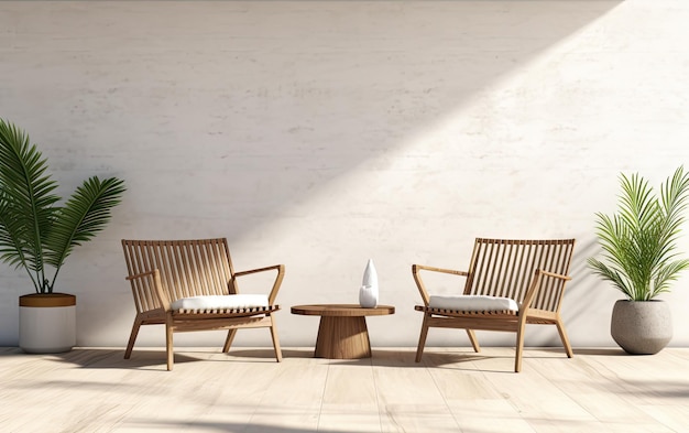 Silla colgante y pouf en una terraza de madera en medio del jardín con flores creadas con tecnología de IA generativa