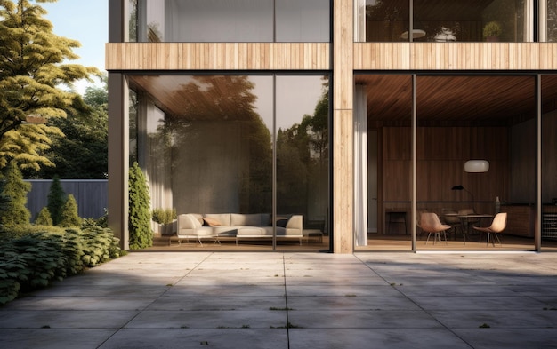 Silla colgante y pouf en una terraza de madera en medio del jardín con flores creadas con tecnología de IA generativa