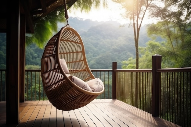 Silla colgante de ratán de mimbre en una terraza de bambú de madera en la jungla IA generativa