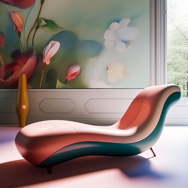 una silla colorida está frente a un cuadro de flores