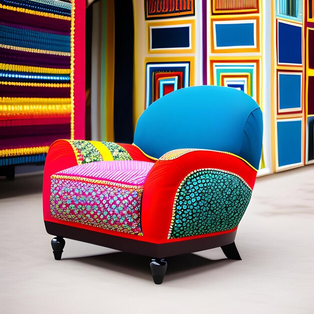 Una silla colorida se sienta frente a una pared colorida con un cojín azul y rojo.