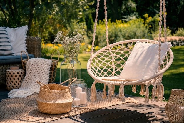 Una silla en un columpio en un jardín.