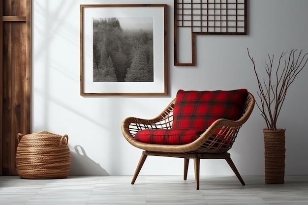 Una silla a cuadros rojos y negros en una habitación blanca con una imagen de un bosque en la pared.