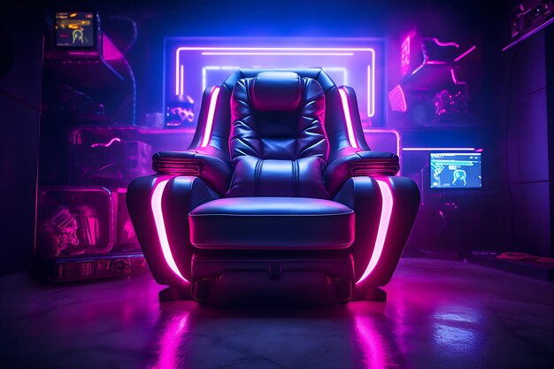 Silla cyberpunk futurista adornada con luces de neón que mezcla tecnología y estilo para un chic