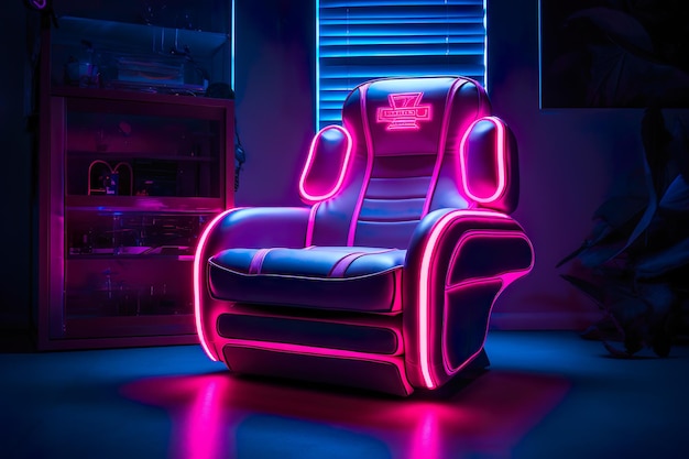 Silla cyberpunk futurista adornada con luces de neón que mezcla tecnología y estilo para un chic