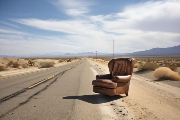 Una silla desgastada en una carretera abandonada captura la belleza de la naturaleza y el paisaje en un entorno tranquilo. Esta imagen clásica en escala de grises es ideal para temas de viajes y turismo. AI generativo.