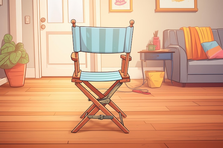 Silla de directores con clapperboard en un piso de madera