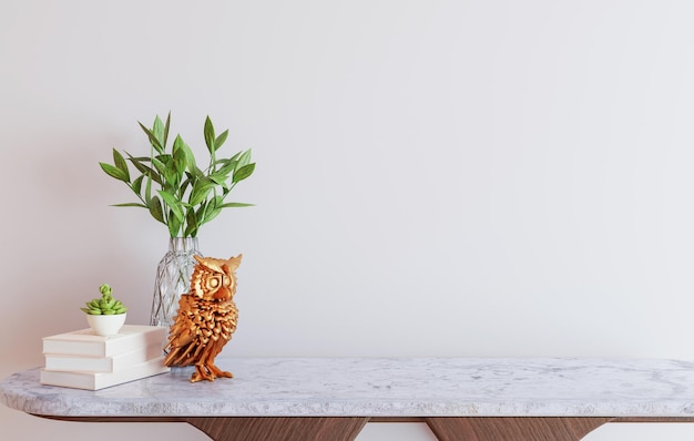 Silla de diseño de pared de maqueta y plantas con representación 3D de espacio de copia de pared azul