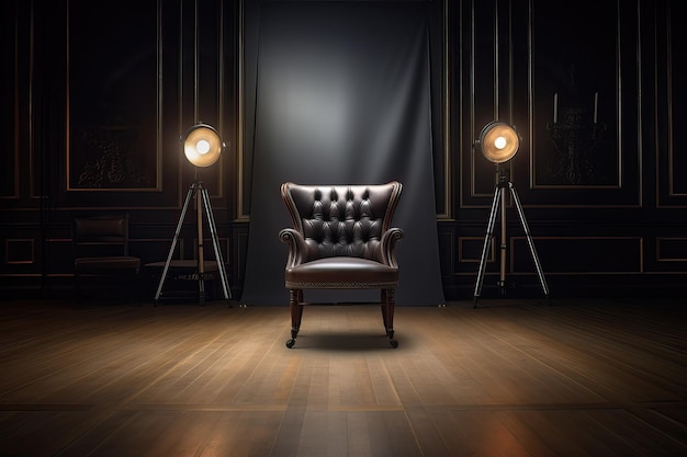 Foto silla elegante en el medio de la habitación con luz tenue y varios objetos en el fondo