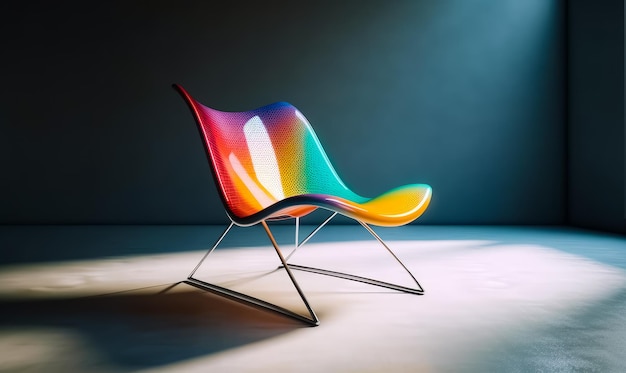 Silla ergonómica de colores del arco iris sobre patas de metal Mueble moderno en el rayo de luz interior IA generativa