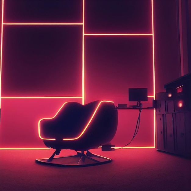 Una silla está en una habitación oscura con una luz roja detrás.