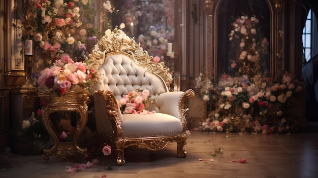 Foto silla de fantasía real en una habitación antigua sala de época sala real sala floral silla de flores