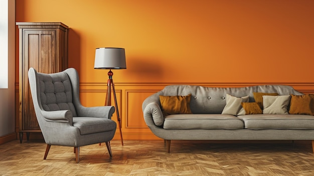 Silla gris junto a la lámpara en el interior de la sala de estar naranja vintage Ai Generative