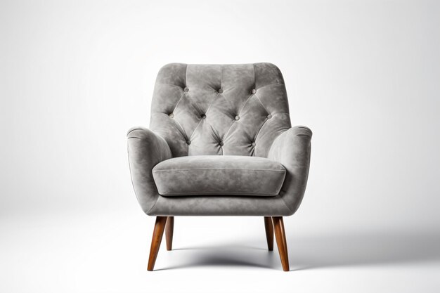 una silla gris con piernas de madera y una espalda abotonada