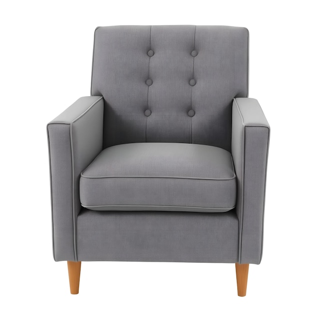 una silla gris con un reposabrazos marrón y un fondo blanco