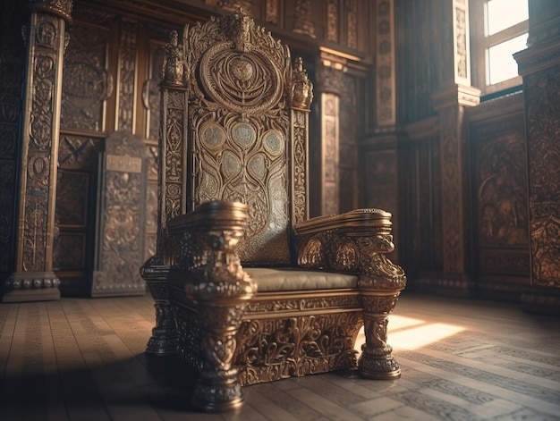 Una silla en una habitación con un gran trono adornado en el medio.