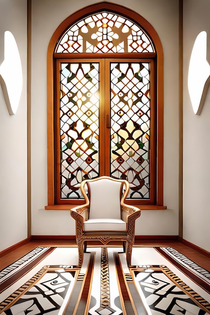 Foto una silla en una habitación con una gran ventana.