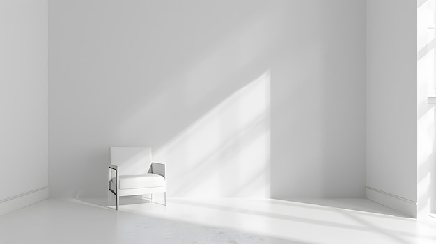 una silla en una habitación con una pared blanca y una caja blanca en el suelo