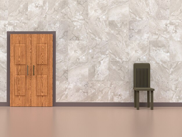 Silla en habitación con puerta de madera, renderizado 3D.