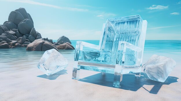 Silla de hielo en la playa concepto refrescante Vacaciones en la costa caliente con silla fría