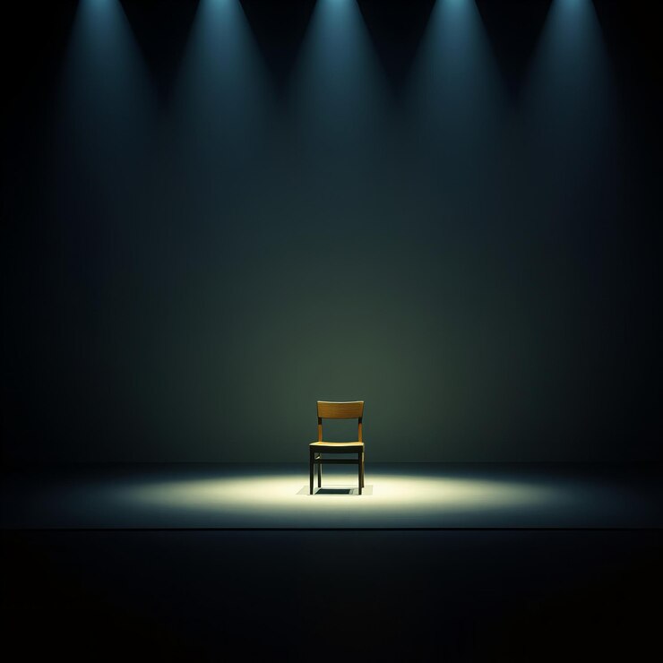 Silla individual en el escenario desnudo oscuridad luz débil en la silla