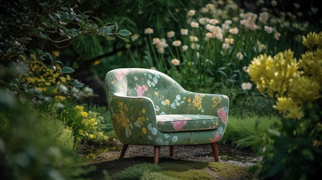 Una silla en un jardín con flores en el suelo.